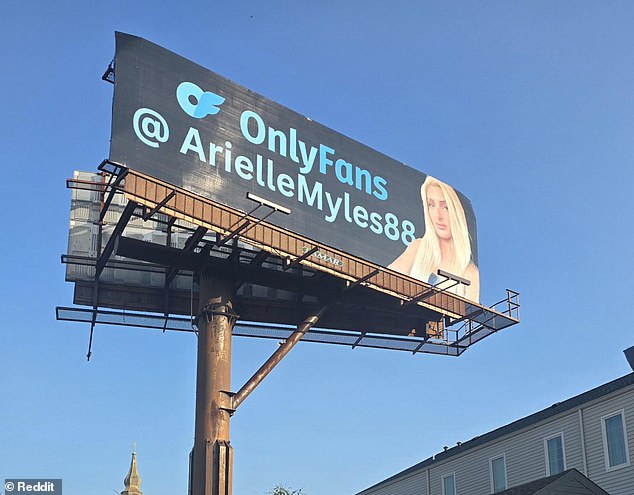 The billboard located in Central City near the Caesars Superdome features the caption 'Fans Only @ArielleMyles88' with a modest photo of Baker, in stark contrast to the seductive and risqué photos scattered throughout her account.