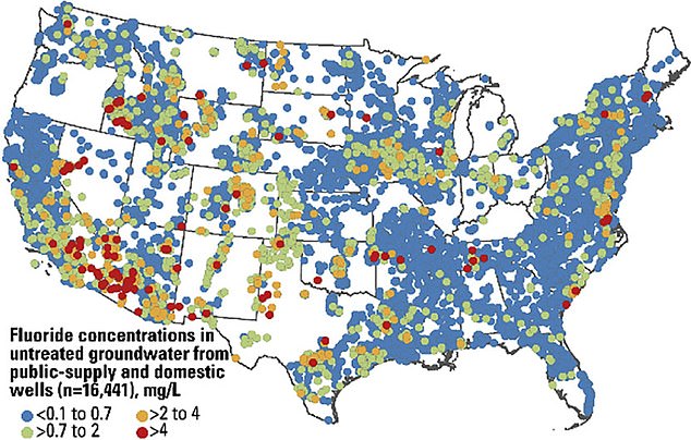 This map, from 2020, shows fluoride levels in untreated groundwater supplies. Fluoride is a naturally occurring mineral that is often already present in many water supplies. Areas marked with a yellow or red dot have more than twice the recommended level of fluoride in groundwater.