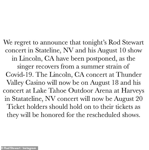 In a statement shared on his Instagram on Friday night, the 79-year-old rocker informed his fans that he would miss a planned concert that night and another on Saturday after testing positive for Covid-19.