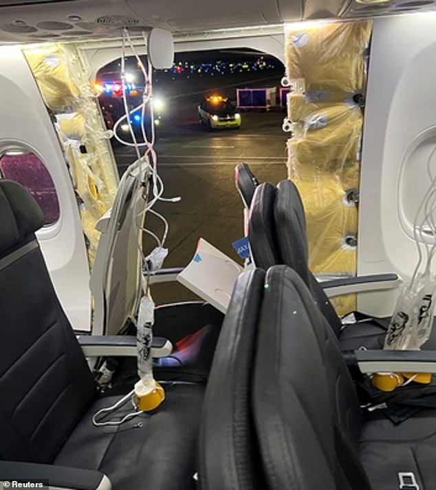 This Alaska Airlines flight, a Boeing 737 Max, took off on January 5 and one of the door plugs, pictured, exploded mid-flight.