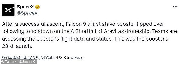 In a statement on X, SpaceX wrote that the Falcon 9 rocket 