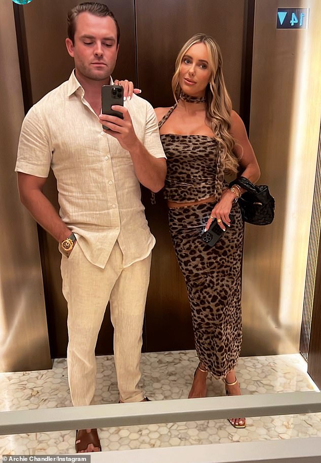 The TOWIE star, 31, jetted off to the Spanish island earlier this week with her new boyfriend Archie Chandler, 30 (both pictured at Amber's birthday party in Dubai).