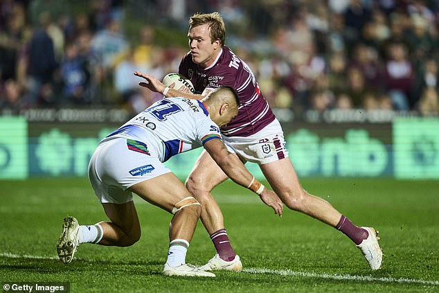 In contrast, the surface at Brookvale Oval on Sydney's northern beaches held up well despite rain during the Sea Eagles' game against the Warriors (pictured: Manly second row Jake Trbojevic)