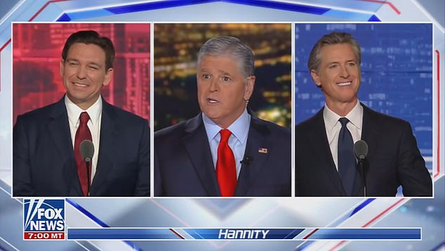 Florida Gov. Ron DeSantis (left) and California Gov. Gavin Newsom (right) met for a one-on-one debate hosted by Fox News and moderated by Sean Hannity (center) in December in Alpharetta, Georgia.