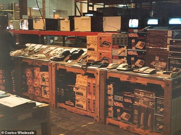 A display of Costco telephone products at its opening in the 1980s