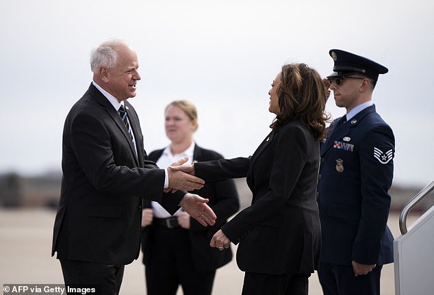 Governor Walz greets Vice President Kamala Harris at Minneapolis-St. Paul International Airport in Saint Paul, Minnesota, on March 14, 2024