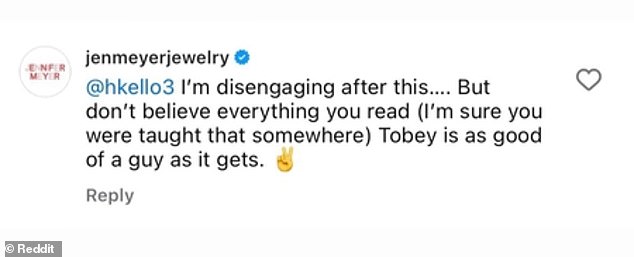 Meyer allegedly defended her ex-husband in a series of Instagram posts that were later reposted to Reddit.