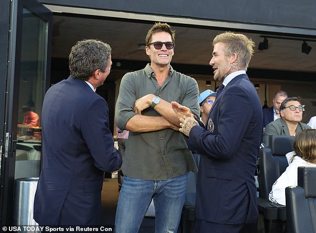 Brady was all smiles as he chatted with Miami co-founder David Beckham before kickoff.