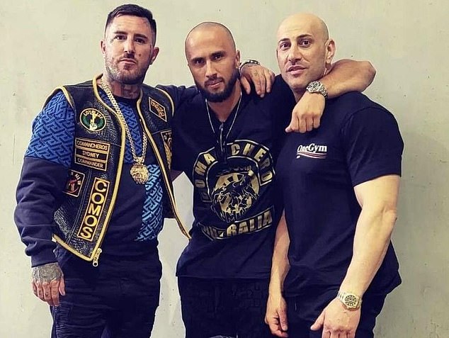 Bemir Saracevic (center) is seen with fellow Comancheros Allan Meehan (left) and Tarek Zahed (right)