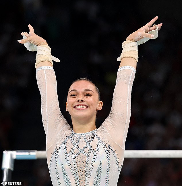 Giorgia is photographed during the women's artistic gymnastics team final at the Bercy Arena in Paris