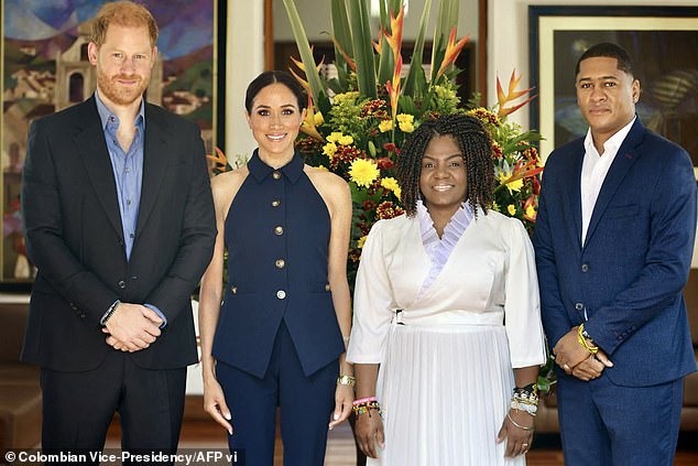 Prince Harry and his wife Meghan with Colombian Vice President Francia Marquez and her husband Yernei Pinillo in Bogota on August 15