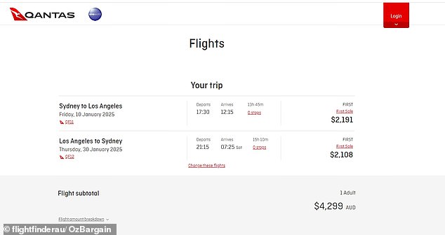 Flights from Sydney to Los Angeles were advertised for $2,191, while flights from Los Angeles to Sydney were available from $2,108.