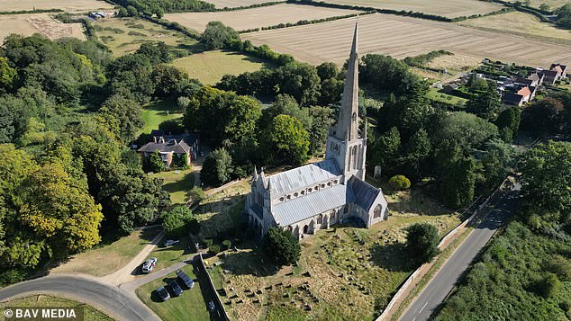 The service was held at the 14th-century St Mary's Church in Snettisham, Norfolk, pictured today.