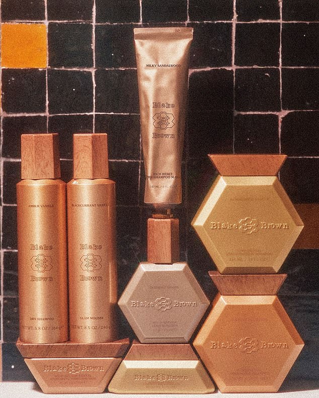 Blake Brown's products (pictured), which are all vegan and silicone- and sulfate-free, come in packaging designed to resemble precious metals.