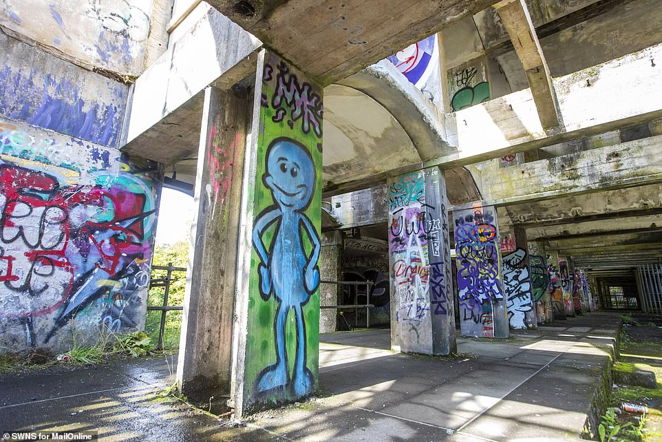 The Scottish Government previously rejected an application to place the building under state guardianship in 2019 on the grounds that the estimated cost of making it safe for public access was too high (pictured: a piece of street art of a blue man on a green background)