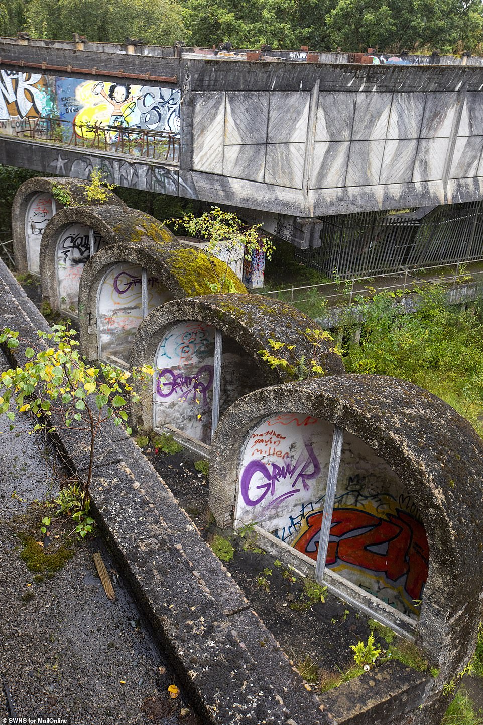 Four years ago the site was handed over to the Kilmahew Education Trust, which is preparing plans to restore the educational elements of the complex (pictured: curved concrete modules on the outskirts of the building)