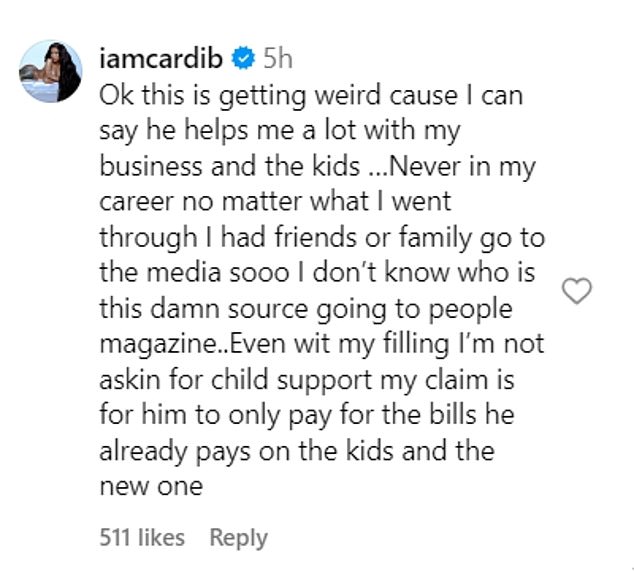 When celebrity blog The Jasmine Brand circulated the anonymous source's quote, Cardi took to the site's Instagram comments to refute the report.