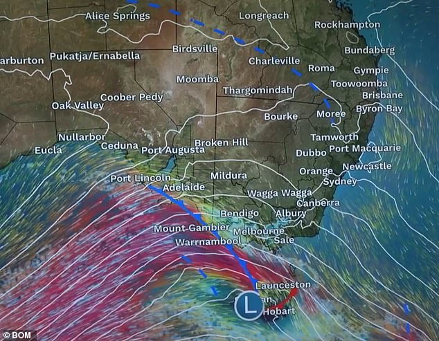 A cold front will move through parts of South Australia and Tasmania on Sunday night, while Victoria will be hit by damaging wind gusts of up to 130km/h (pictured)