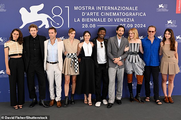 (L to R) Joe Alwyn, Alessandro Nivola, Stacy Martin, Felicity Jones, Isaach De Bankolé, Adrien Brody, Emma Laird, Guy Pearce and Raffey Cassidy