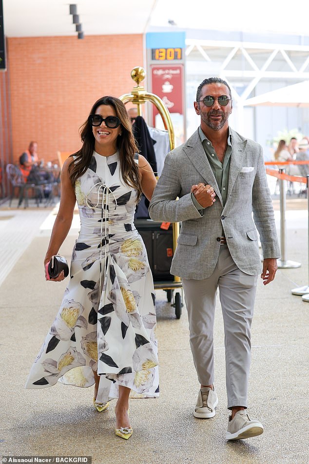 Eva looked smitten with Jose, 56, who also looked dapper in a matching grey suit and rounded retro sunglasses, as the pair were seen chatting as they stepped out.