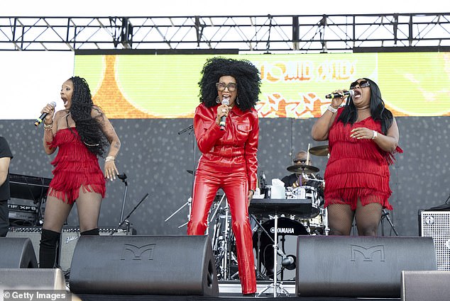 Singers Sadako Pointer, Ruth Pointer and Issa Pointer of The Pointer Sisters perform at the Fool in Love Festival at Hollywood Park Grounds