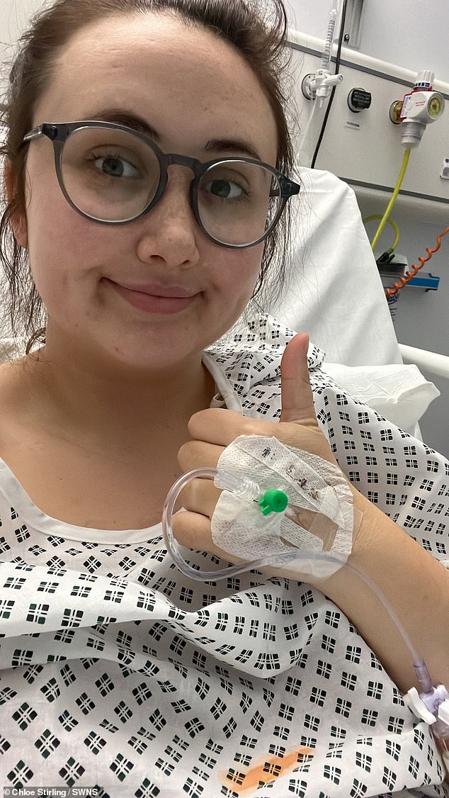 When Chloe's heartburn continued, she had a biopsy of the ulcer and was diagnosed with poorly differentiated adenocarcinoma with signet ring cells on March 21. Chloe is pictured in hospital.