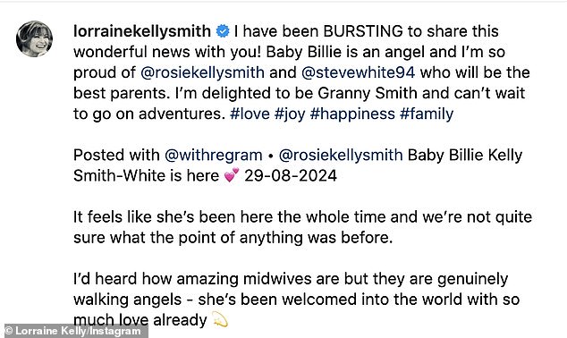 Rosie added: 'Baby Billie Kelly Smith-White will be here on August 29, 2024.' 'It feels like she's been here all along and we're not quite sure what the point of anything that happened before was.'