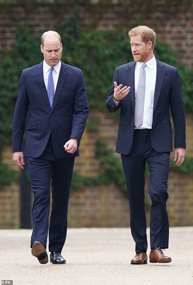 William and Harry pictured in 2021 arriving at the unveiling of a statue they commissioned of their mother Diana, Princess of Wales.