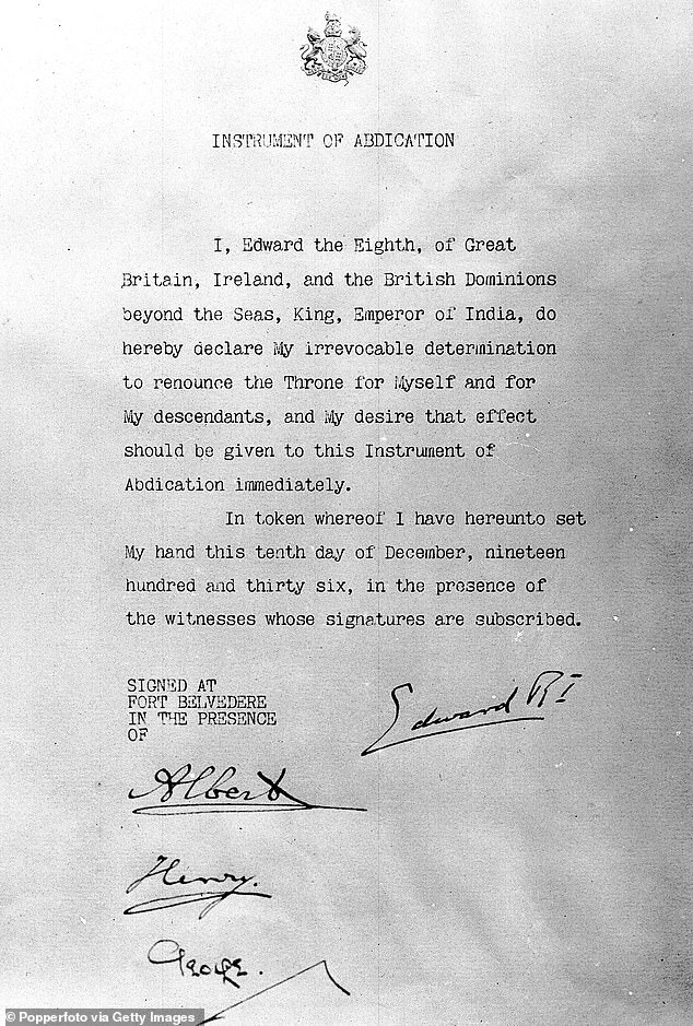 The notice of abdication signed by Edward VIII at his home in Fort Belvedere. His brothers Albert, Henry and George also signed the document