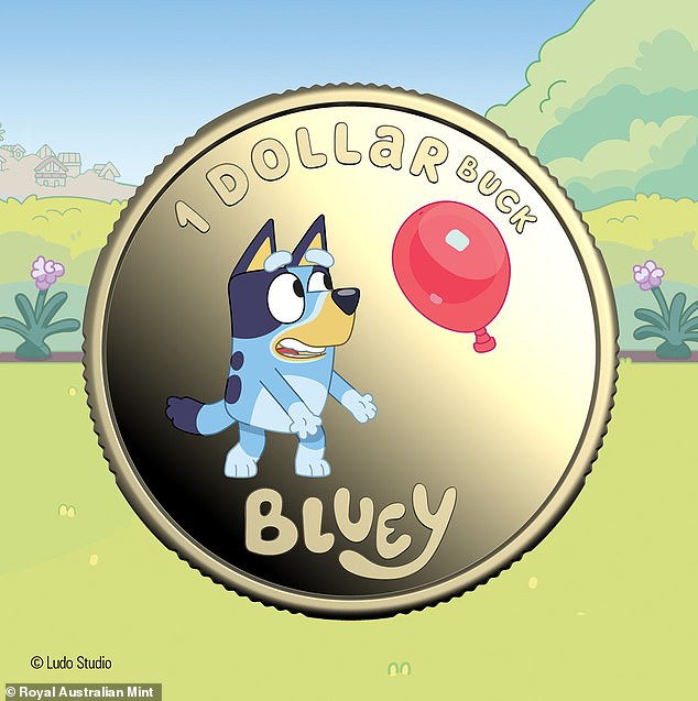 A new set of Bluey character coins has been released with some rare coloured coins (pictured) hidden in collector packs.