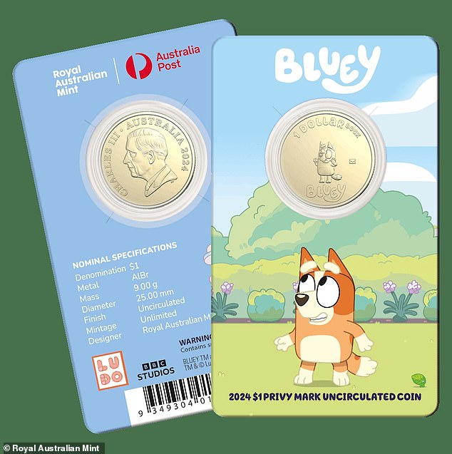 The new coins feature characters Bluey, Bingo (pictured), Mummy and Daddy, Rad and Frisky, Muffin and Socks, and Stripe, Trixie and Nana.