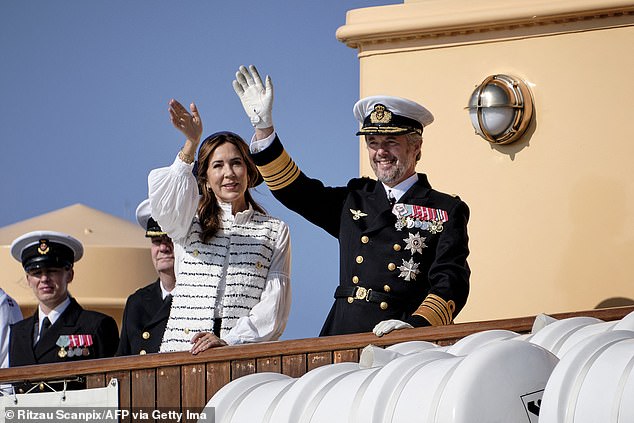 The royal couple arrive aboard the royal yacht Dannebrog in Roenne for their visit to the regional municipality of Bornholm on the Danish island of Bornholm in the Baltic Sea on August 19.