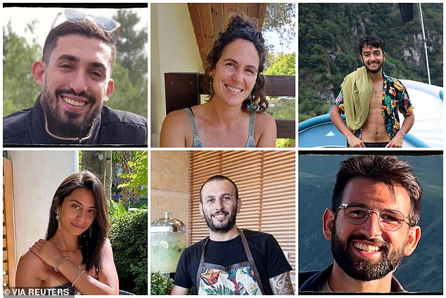 The military identified the hostages as (TL-R) Ori Danino, Carmel Gat, Hersh Goldberg-Polin, (BL-R) Eden Yerushalmi, Alexander Lobanov and Almog Sarusi.