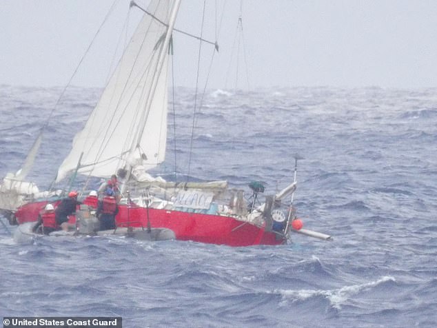 The French-flagged sailing vessel Albroc is pictured during rescue operations in the Pacific Ocean on August 26, 2024. Authorities received a distress signal from the 47-foot sailing vessel shortly after noon on August 24, notifying them that the family was stranded.