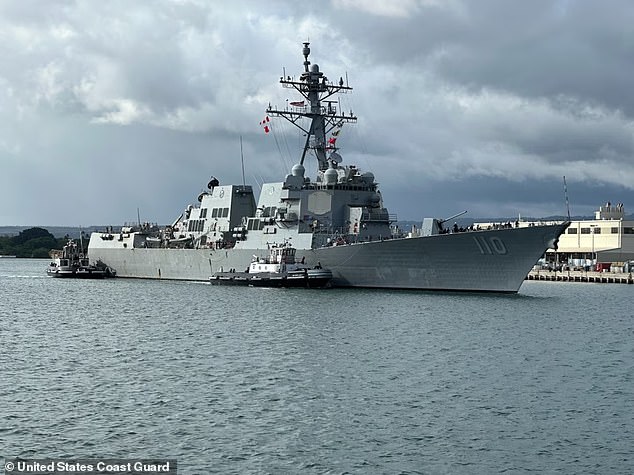 USS William P. Lawrence (DDG 110), an Arleigh Burke-class guided-missile destroyer homeported in Honolulu, Hawaii, approaches the pier at Joint Base Pearl Harbor-Hickam after completing the rescue of a woman, child and their pets Aug. 28, 2024.