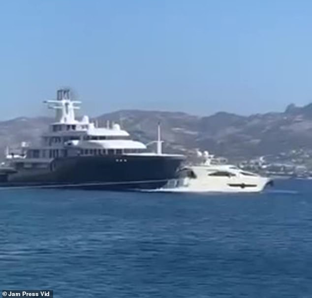 The £95m Lürssen superyacht can be seen gliding through the water as it heads towards another ship off the coast of Yal'kavak, Bodrum in Turkey.