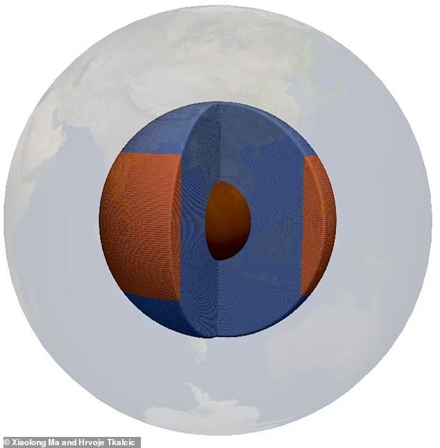 The best explanation for these data was the presence of an area of ​​low-density material (in red image) located near the surface of Earth's liquid outer core.