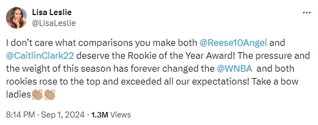 But women's basketball legend Lisa Leslie believes the pair should share this year's award.