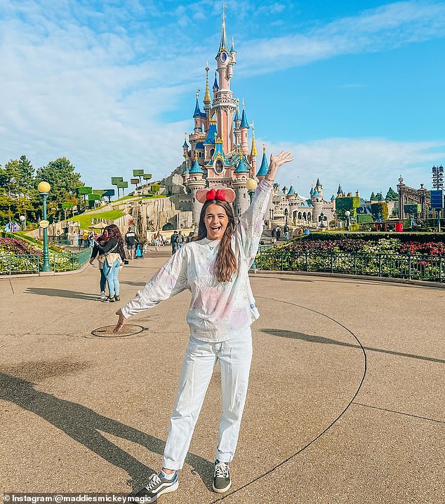 The mom (pictured at Disneyland Paris) is a content creator and self-described Disney and Universal travel specialist.