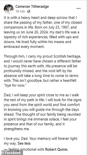 Bob Quinn's son posted this tribute to his father, who passed away at the age of 56. Quinn made world headlines when he appeared on Struggle Street