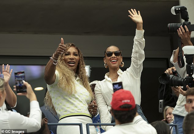 Serena enjoyed the action in Flushing with singer-songwriter Alicia and the pair smiled and waved to the crowd.