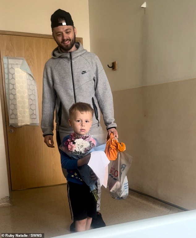 Ruby's fiancé Ansis and their son JJ visited her in the hospital. Her heroic son made sure to bring his doting mother a bouquet of flowers.