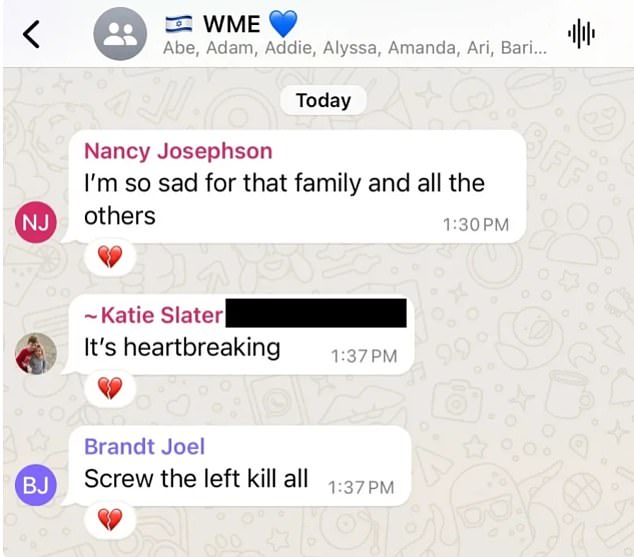 Brandt Joel, a senior WME executive, reportedly wrote this message in a pro-Israel work WhatsApp group over the weekend, but later deleted it.