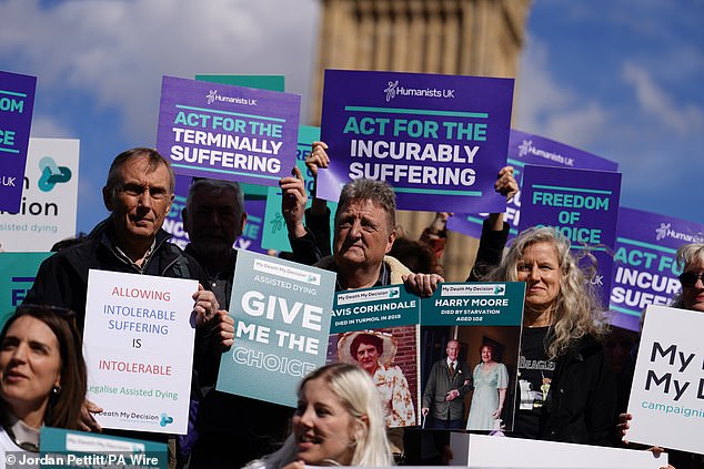 Campaigners in support of voluntary euthanasia protest outside Parliament in Westminster, London