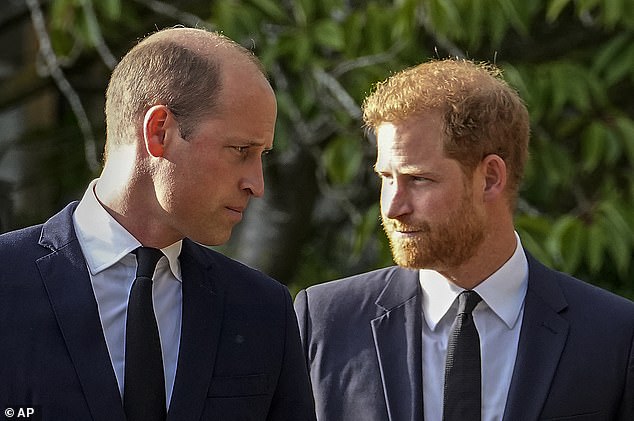 Prince William and Prince Harry walk side by side after viewing floral tributes for the late Queen Elizabeth II outside Windsor Castle.