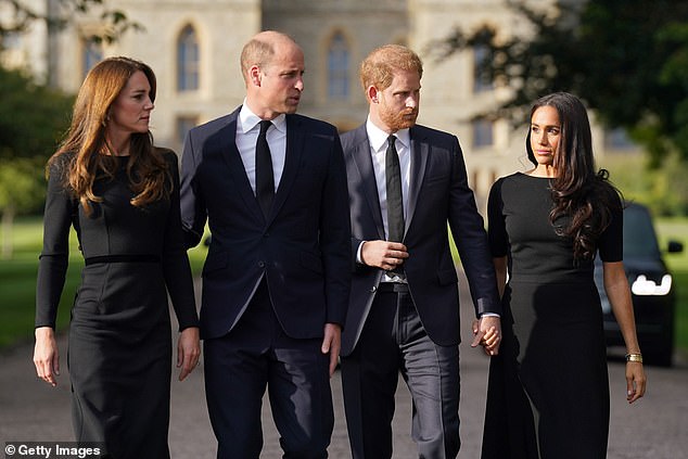 Kate, William, Harry and Meghan are photographed together at Windsor Castle in the days following the Queen's death at Balmoral Castle.