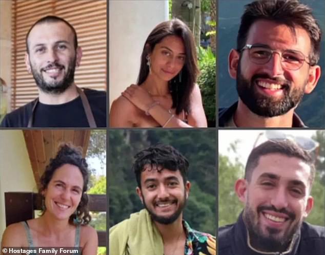 The six hostages (clockwise from top left): Alex Lobanov, Eden Yerushalmi, Almog Sarusi, Staff Sergeant Ori Danino, Hersh Goldberg-Polin, Carmel Gat