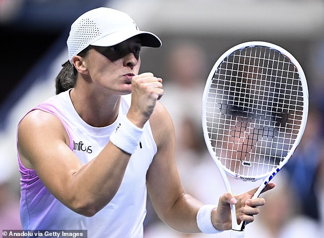 World number one Iga Swiatek (pictured) cruised confidently into the US Open quarter-finals with a straight-sets win over Liudmila Samsonova.