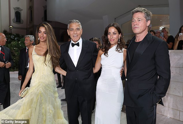 It was a double date night as Brad's longtime friend and co-star George Clooney, 63, was at the event with his wife Amal, 46, an international human rights lawyer, who turned heads in a glamorous yellow dress.