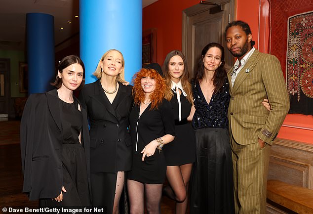 The cast made sure to snap a quick photo all together at the screening with Lily and playwright Jeremy O. Harris joining in for the group photo (pictured left to right: Lily Collins, Carrie Coon, Natasha Lyonne, Elizabeth Olsen, Katherine Waterston and playwright Jeremy O. Harris)